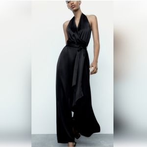 NWT Zara XS Black Satin Effect Halter‎ Jumpsuit